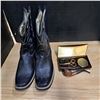 Image 1 : Used pipe from ireland, grooming kit and cowboy boots (size 7 mens?, measure 11.5" heel to toe)