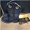 Image 4 : Used pipe from ireland, grooming kit and cowboy boots (size 7 mens?, measure 11.5" heel to toe)