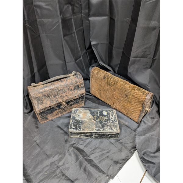 Vintage Foot warmer, Metal Lunch Kit, and first aid kit