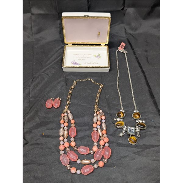 (2) Necklaces (1) Colored pink w/ Pair of earrings plus storage Container music box