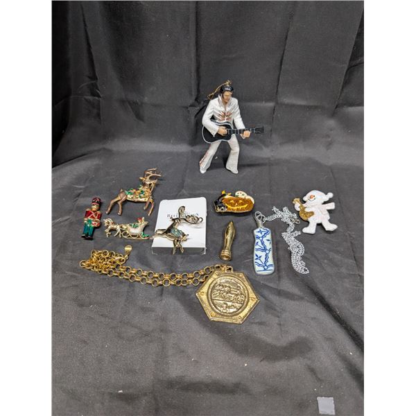 (6) Brooch's (2) Necklaces, Elvis figurine and misc.