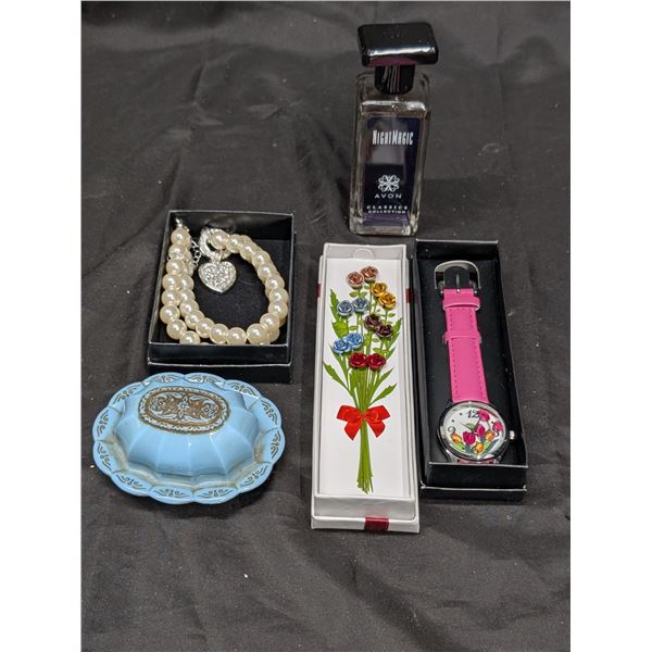 Avon Items heart charm Necklace, Ravishing Rose, 6 Pair Earring set, and etc. as shown