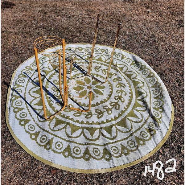 Two Brass Plant Stands and Outdoor Mat - all showing wear
