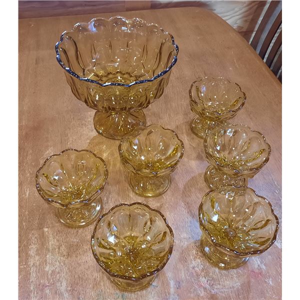 Vintage Amber Pedestal Serving Dish Set - Large Compote Bowl with 6 Dessert Bowls