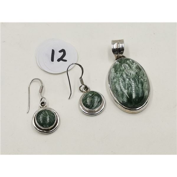 Green Stones Sterling Silver Earrings, Pendant