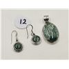 Image 1 : Green Stones Sterling Silver Earrings, Pendant