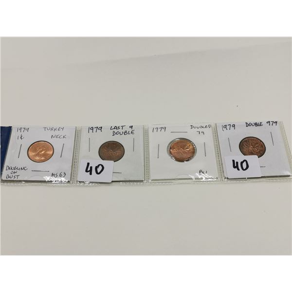 Four Different 1979 1 Cent Coins, Errors