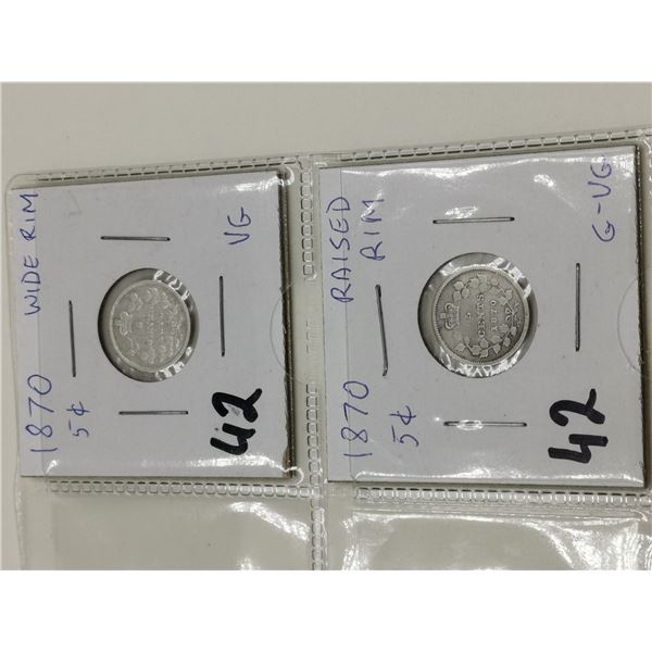 1870 Wide Rim and Raised Rim 5 Cent Coins