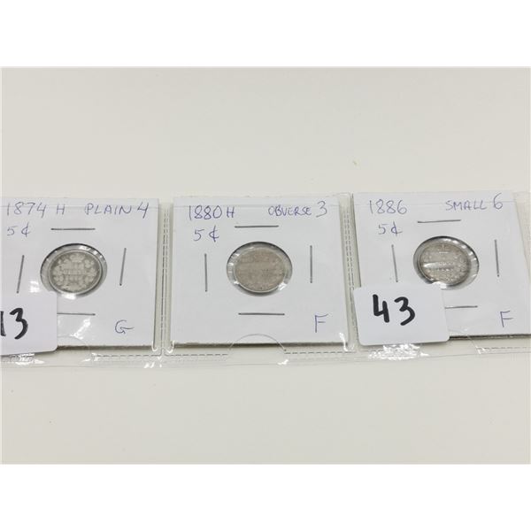 1874H, 1880H, 1886 5 Cent Coins