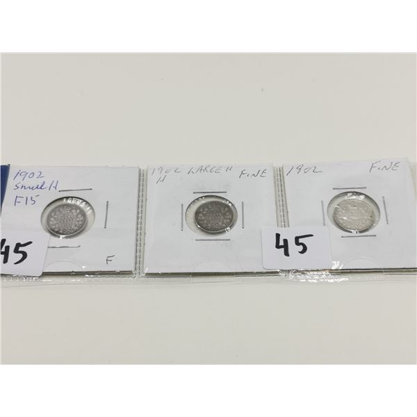 Set of 1902 5 Cent COins, Small H, Large H, Reg