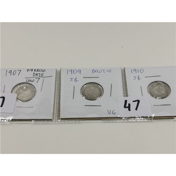 1907 Low 7, 1909 Bowtie, 1910 5 Cent Coins