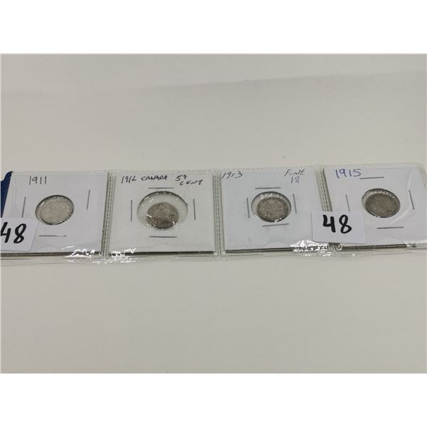 1911, 1912,1913,1915  Fine Cond 5 Cent Coins