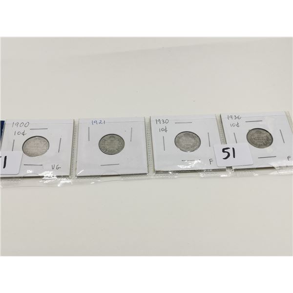 1900, 1921, 1930, 1936 Silver 10 Cent Coins