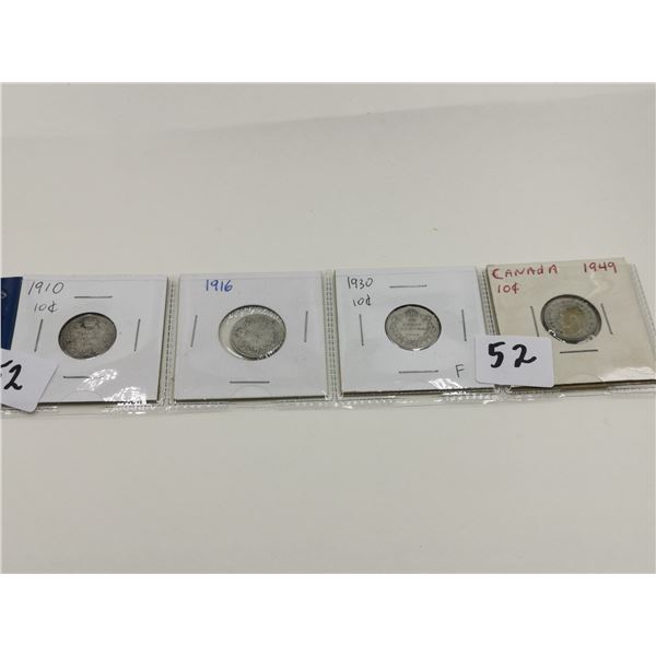 1910, 1916, 1930, 1949 Silver 10 Cent Coins