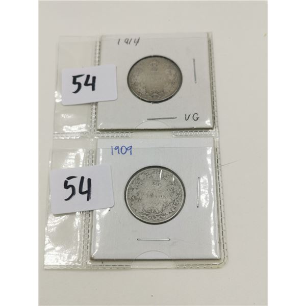 1914 and 1909 Silver 25 Cent Coins