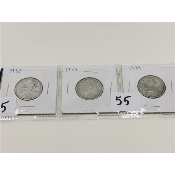 1937 , 1938, 1939 Set of 25 Cent Silver Coins
