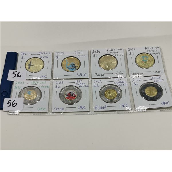 4 UNC 1 Dollar Coins + 4 UNC 2 Dollar Coins