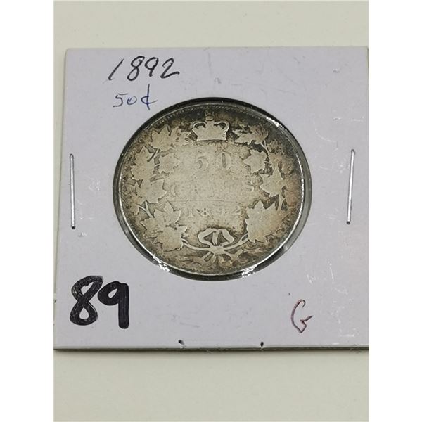 Rare - Obverse 3 - 1892 Silver 50 Cent Coin G+