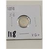 Image 1 : 1858 Silver 5 Cent Coin, VG+
