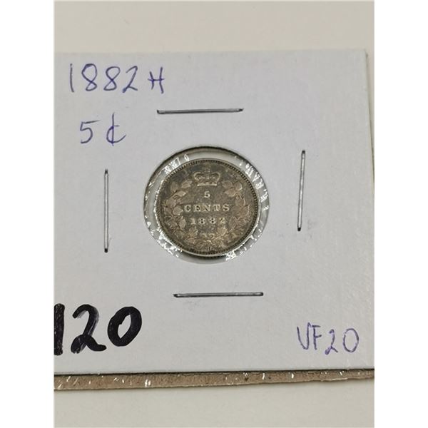 1882 H Silver 5 Cent Coin, VF20