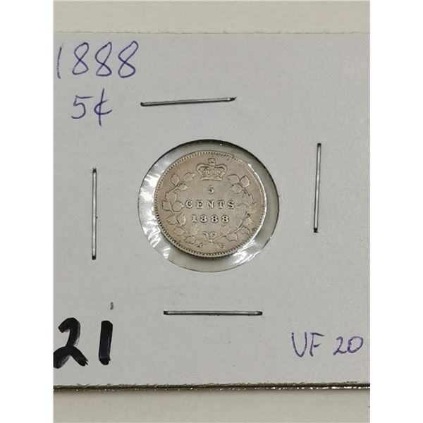 1888 Silver 5 Cent Coin, VF20