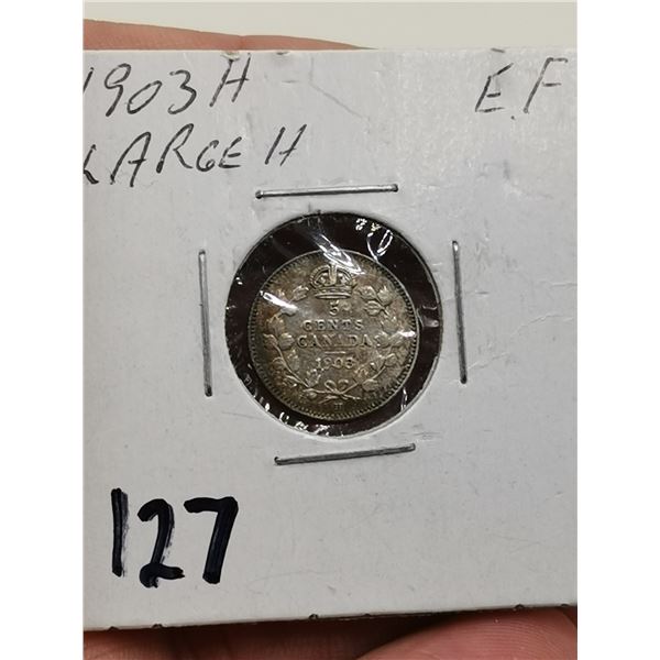 1903 Large H Silver 5 Cent Coin, EF