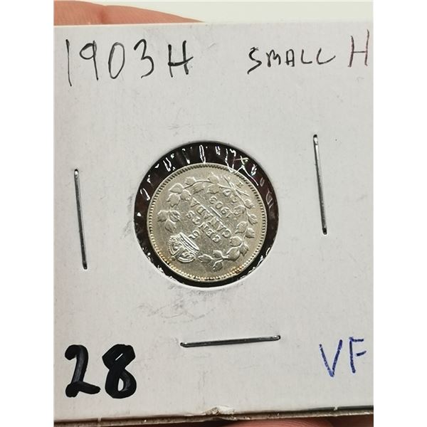 1903 Small H Silver 5 Cent Coin, VF