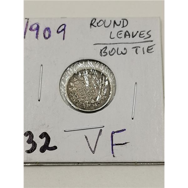 1909 Round Leaves/ Bowtie Silver 5 Cent Coin, VF