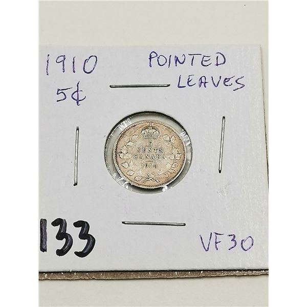 1910 Pointed Leaves, Silver 5 Cent Coin, VF30