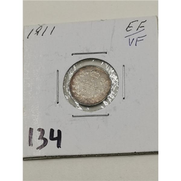 1911 Silver 5 Cent Coin, EF