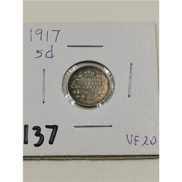 1917 Silver 5 Cent Coin,VF20