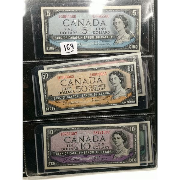 Five 1954 bills, $50,$10,$5,$2,$1