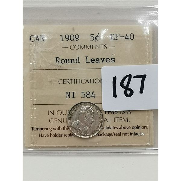 1909 5 Cent Round Leaves, EF40 Certify