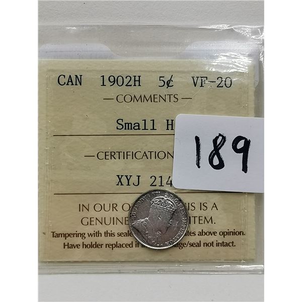 1902H 5 Cent, Small H, VF20 CERTIFY