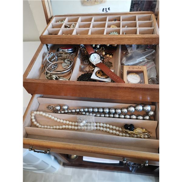 JEWELRY BOX WITH VINTAGE EARRINGS, NECKLACES, WATCHES AND MORE