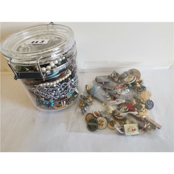 JAR OF JEWELRY AND BAG OF PINS