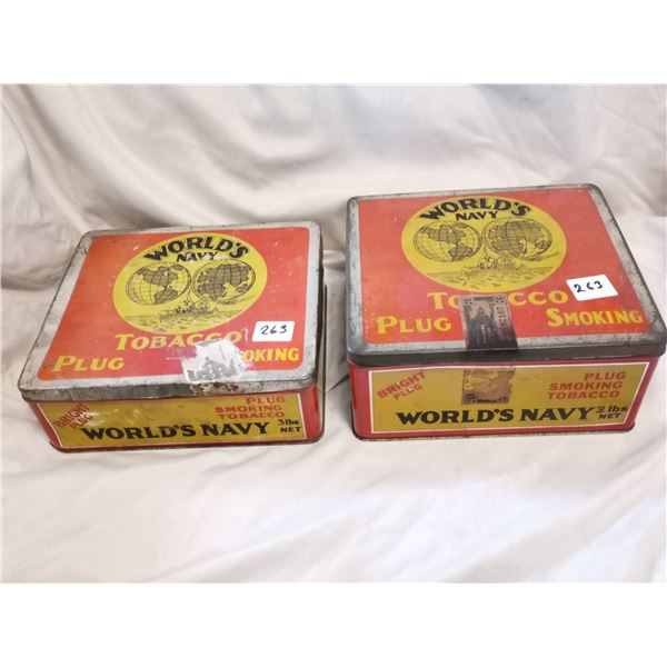 TWO DIFFERENT WORLD NAVY TOBACCO TIN CANS