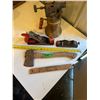 Image 2 : Carpenter Lot - 2 Wood Planes, Hatchet, Brass Torch + Ruler Level