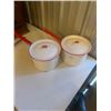 Image 1 : 2 Red + White Enamel Pots + Lids 8 ½ “ Across