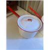 Image 2 : 2 Red + White Enamel Pots + Lids 8 ½ “ Across