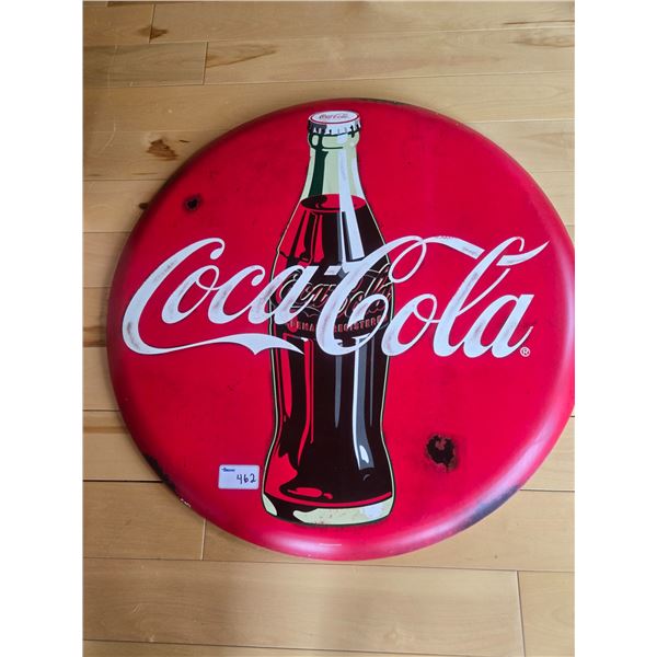 coca-cola curved button sign w/bottle like new. Some intentions distress marks in sign 24 inch size