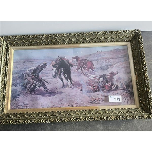 Charles M russell framed print in ornate frame. Measures 22x14 copy of 1904 image