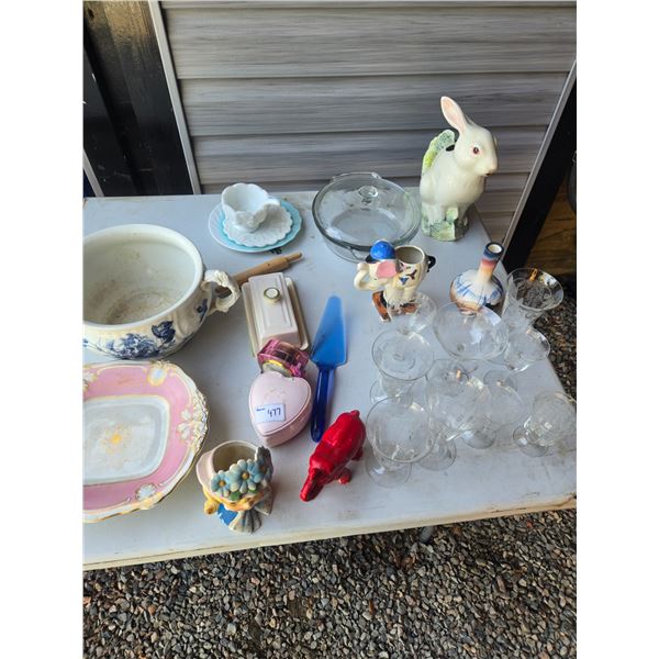 30 random items from china cabinat+ cupboard , head vase, chamber pot, stemware, elephant+ rabbit