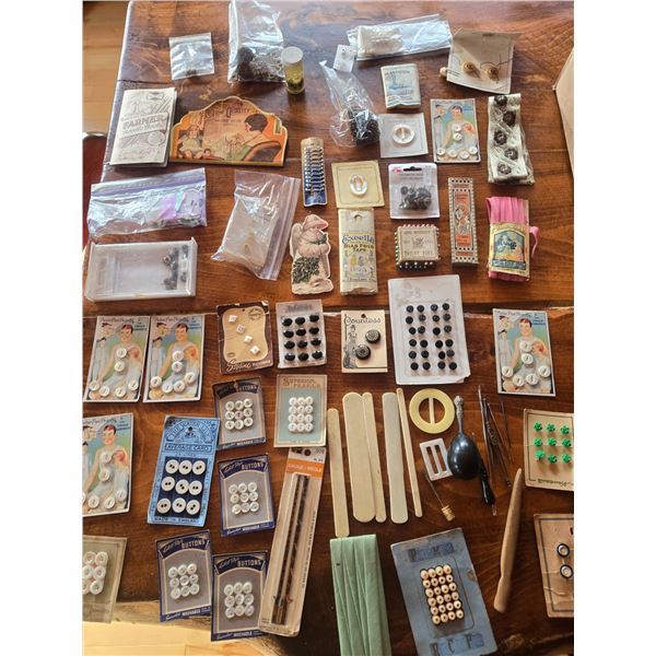 App. 75 pieces of victorian sewing related items-buttons, lace, linnens ,croos stitch+more