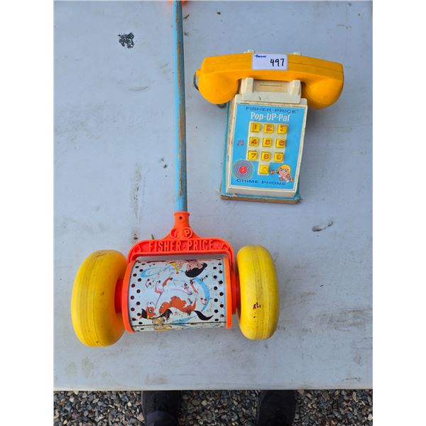 Pair of very early fischer price toys telephone +roller toy