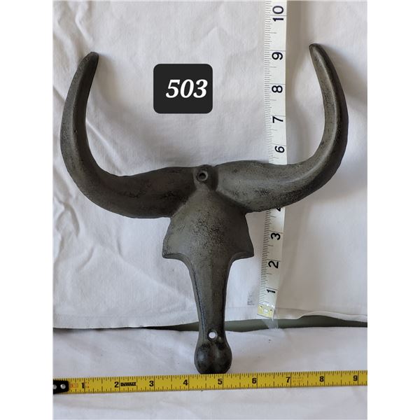 Cast iron, long horn bull, wall coat hooks.