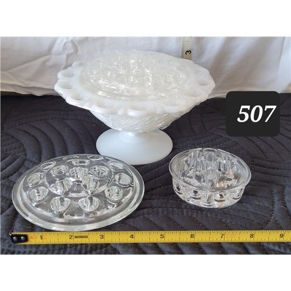 Vintage milk glass bowl & 3 flower frogs.