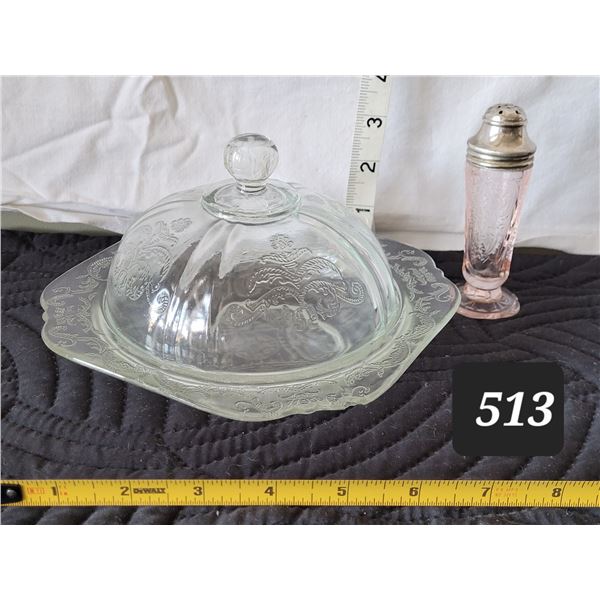 Indiana depression glass butter/ candy dish & pink shaker.