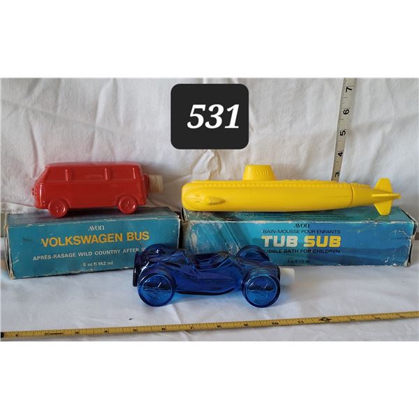 Avon collectable VW bus, Yellow Submarine & race car.