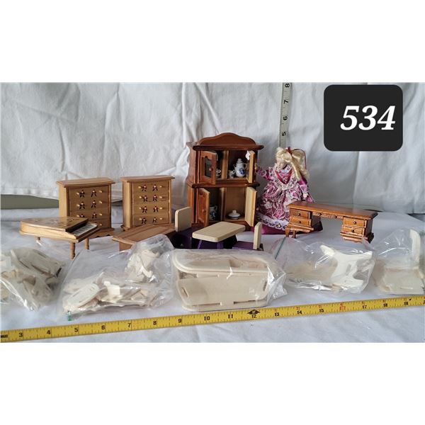 Vintage miniature Wooden doll furniture. 2 handmade in Germany. Bags of pre cut furniture to build.